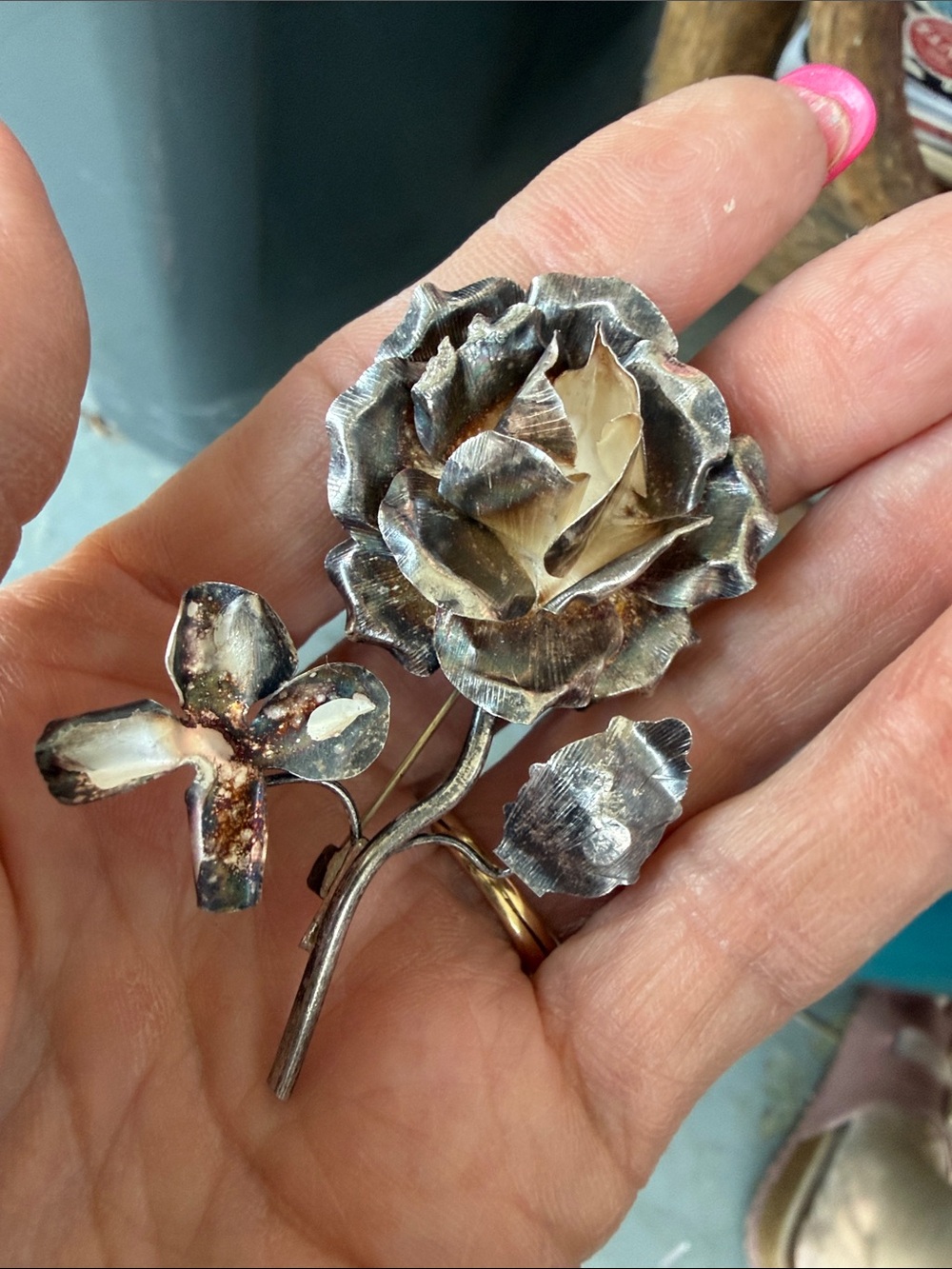 Vintage Taxco Handcrafted in Mexico Sterling Silver marked Rose Brooch 2.5”